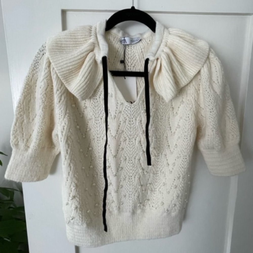 ZARA | KNITWEAR TOP WITH FAUX PEARLS - ECRU